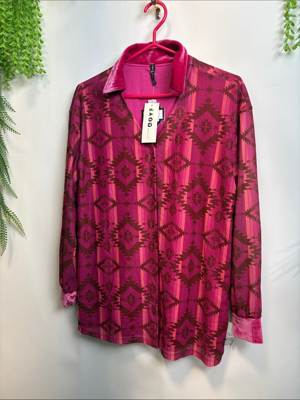 Vince Fuchsia & Burgundy Geometric Button-Down Blouse